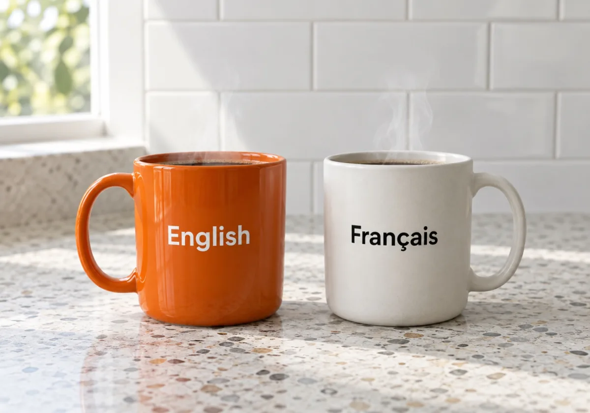 Two mugs, one marked English, the other Français