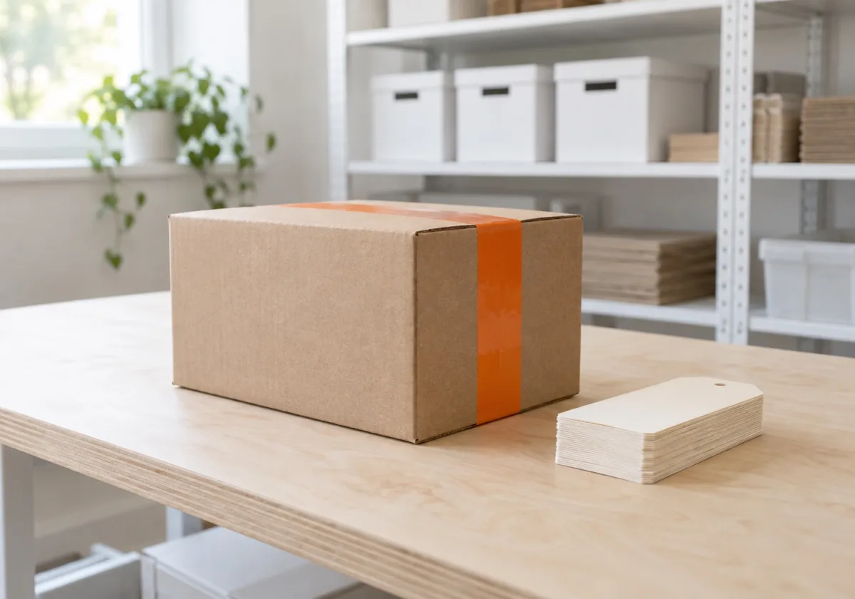 A shipping box sealed with orange tape