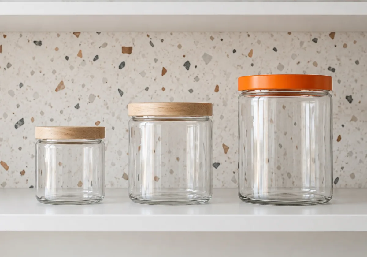 Three jars of growing size, the largest with an orange lid