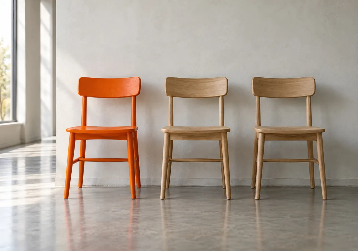 Three chairs in a hallway, the first one orange