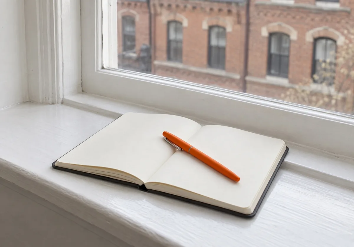 An open notebook and an orange pen on a window ledge