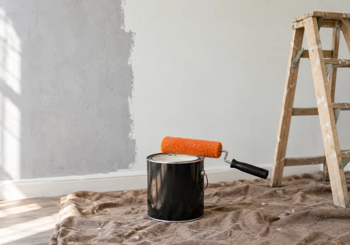An orange paint roller in front of a half-painted wall